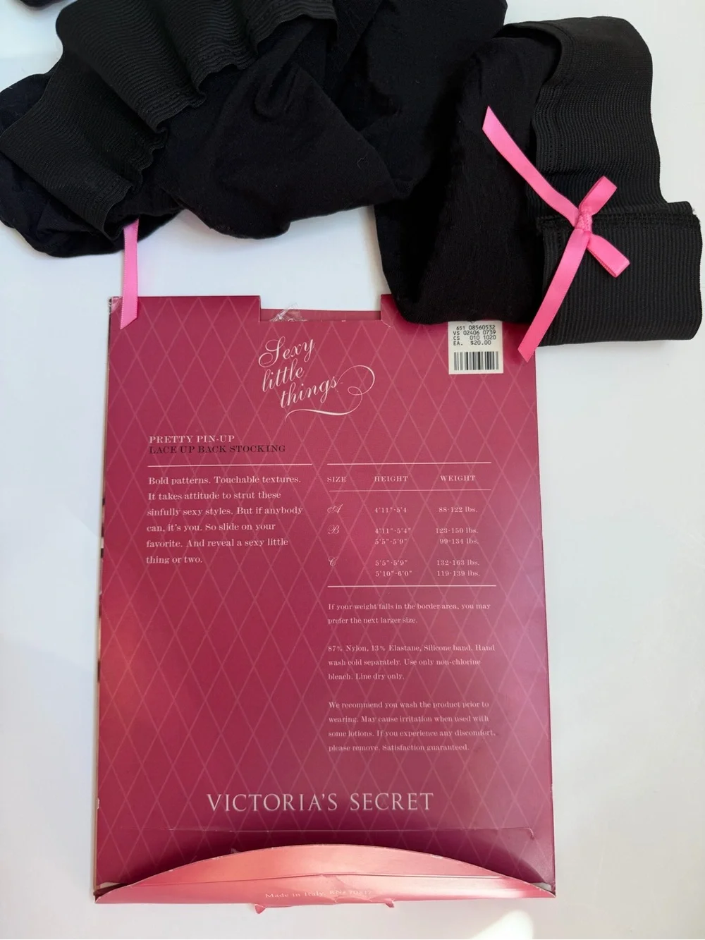Vintage Victoria Secret, Black Sheer Thigh-High Stockings with Pink Bow Accent